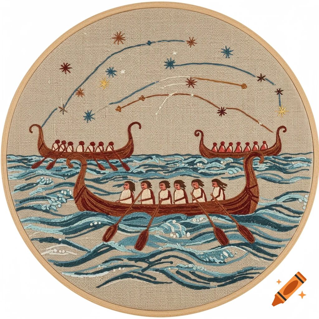 Embroidered tapestry of two ancient boats with people sailing on waves under stars