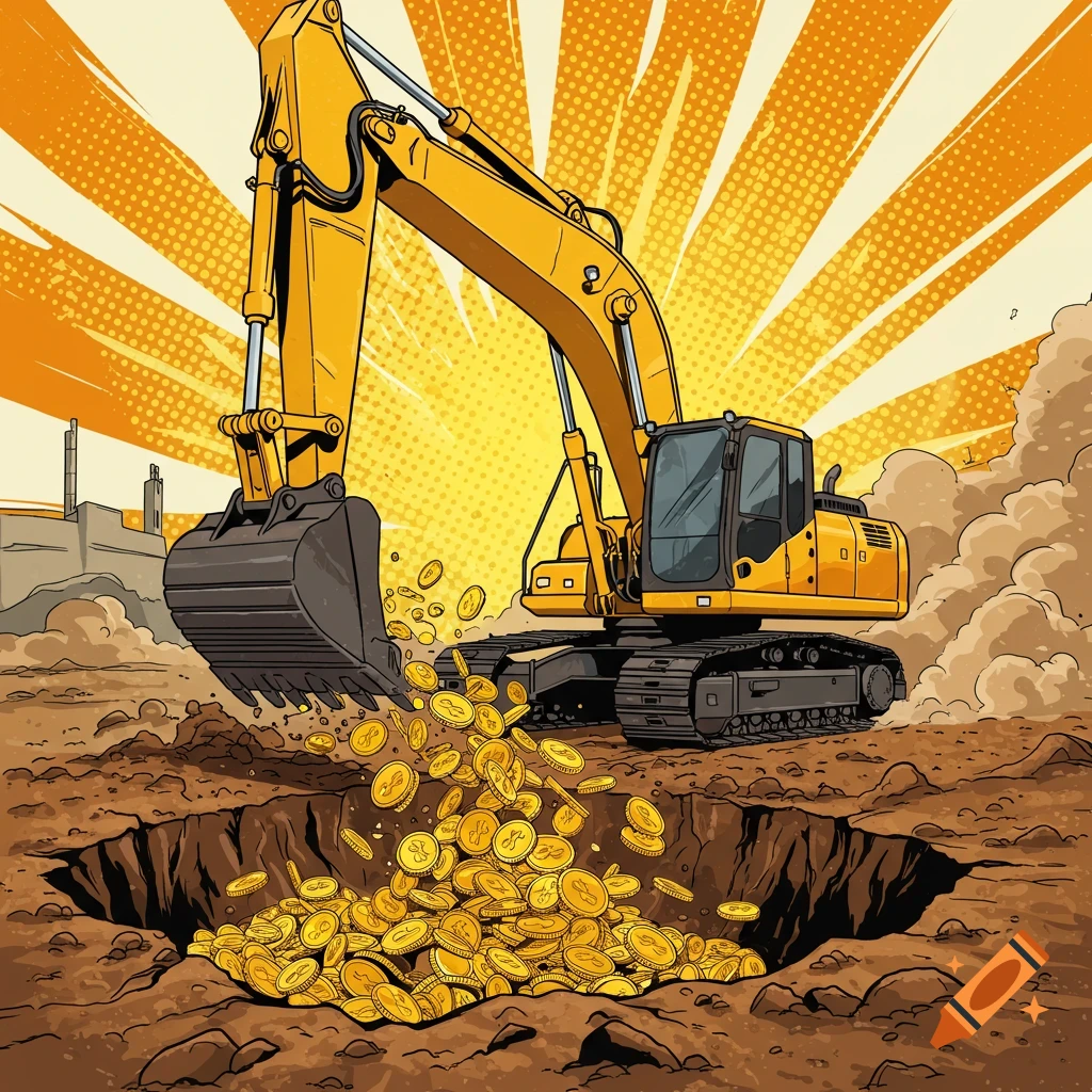Yellow excavator digs up pile of gold coins in a stylized illustration.