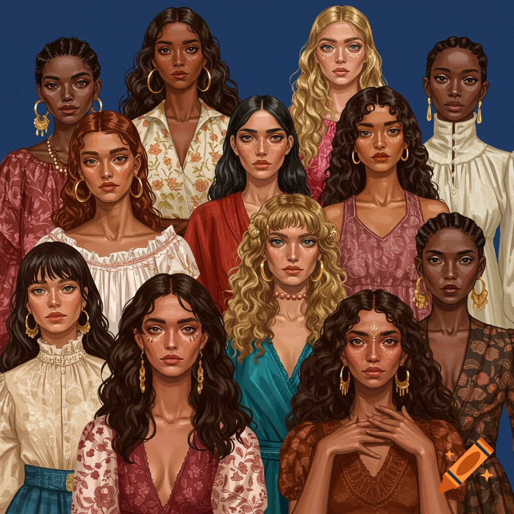 A group of diverse women in colorful historical/fantasy clothing against a blue background.