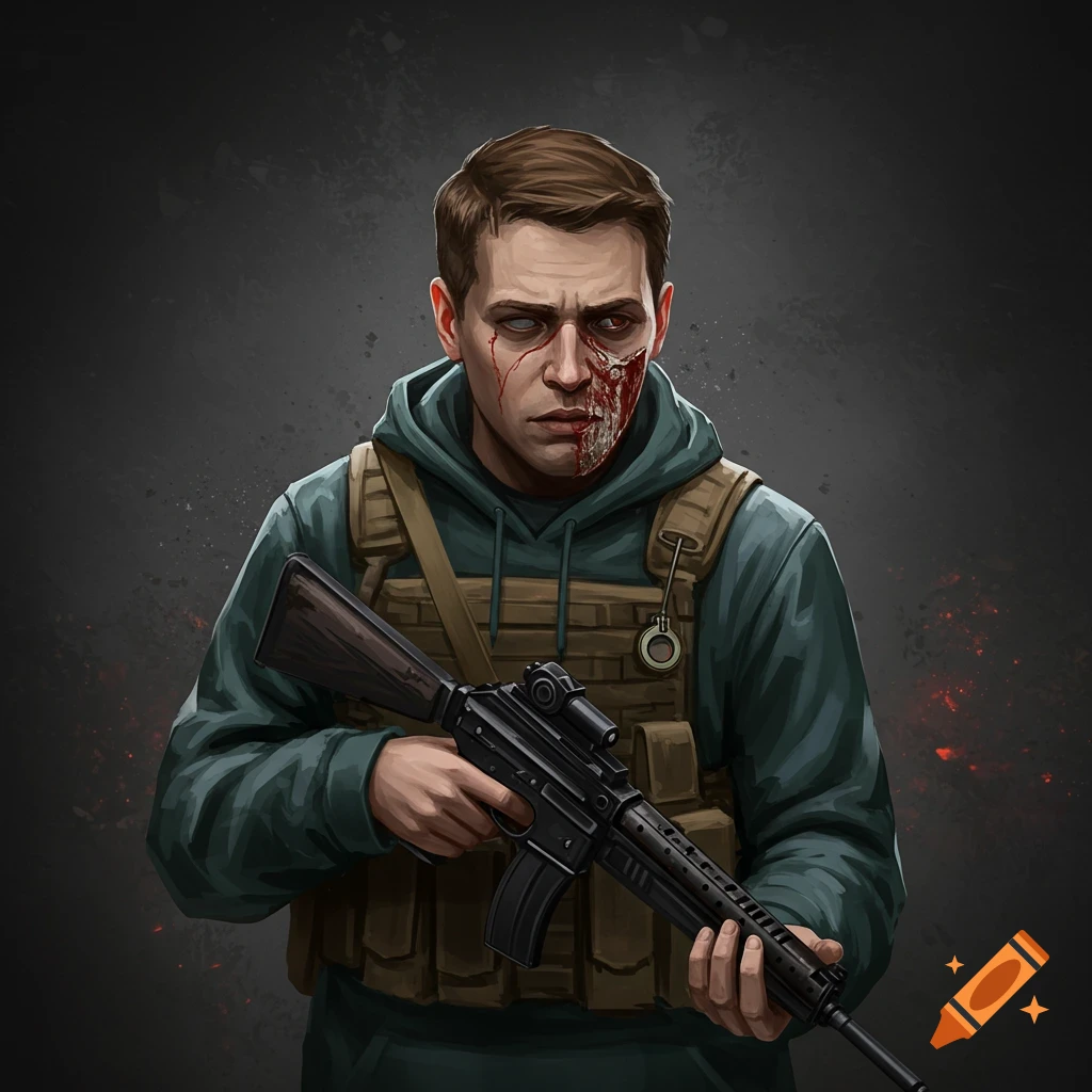 Illustration of a man with zombie features wearing tactical gear and holding a rifle