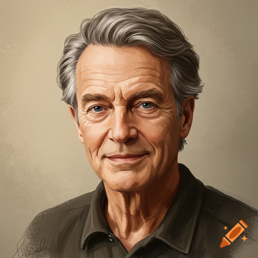 Portrait of an older man with gray hair and blue eyes.