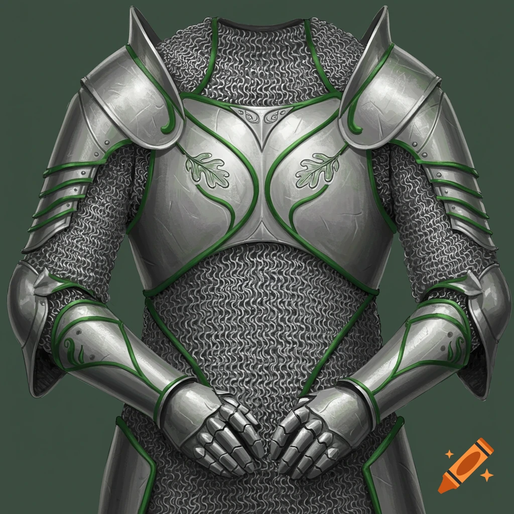Silver fantasy armor with chainmail and green leaf details