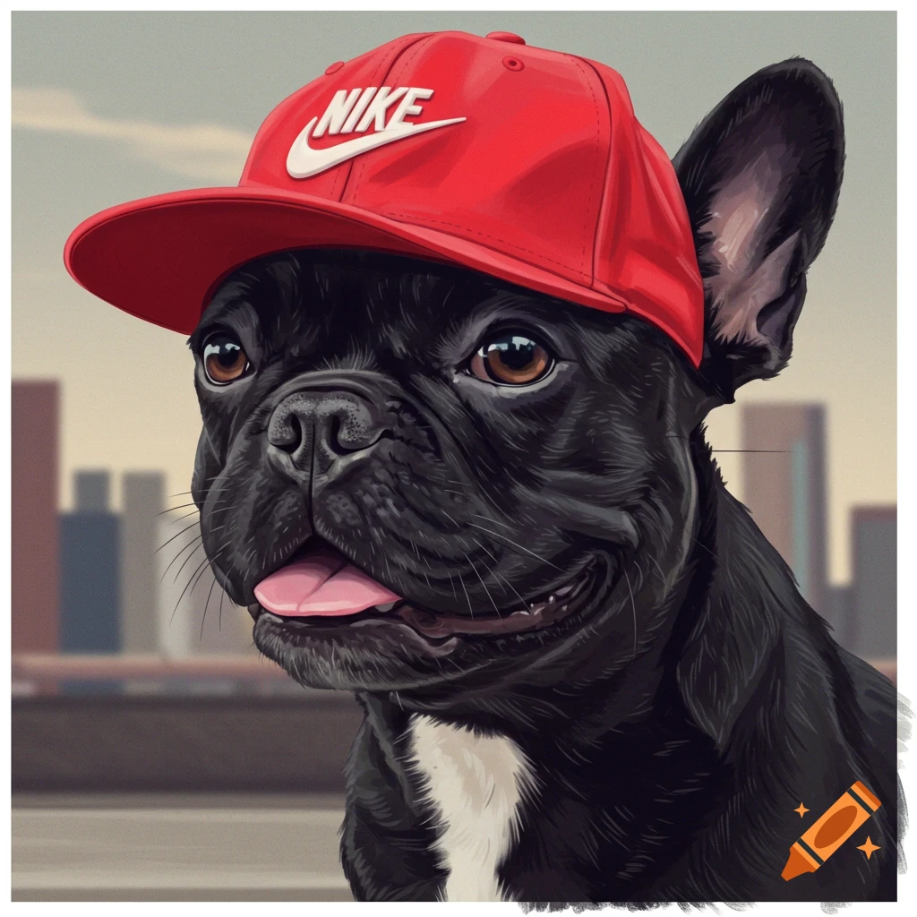 A black French bulldog wearing a red Nike hat.