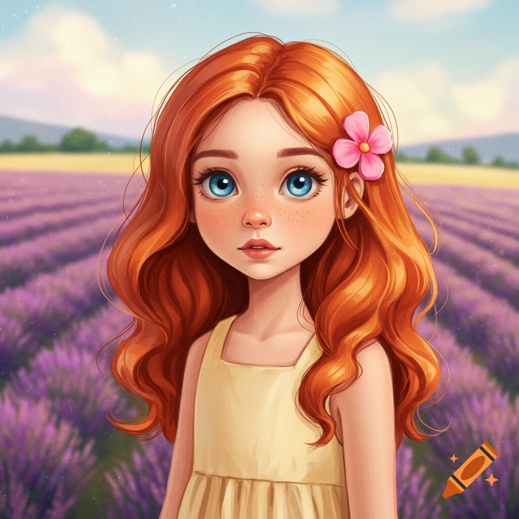 A red-haired girl in a yellow dress stands in a lavender field