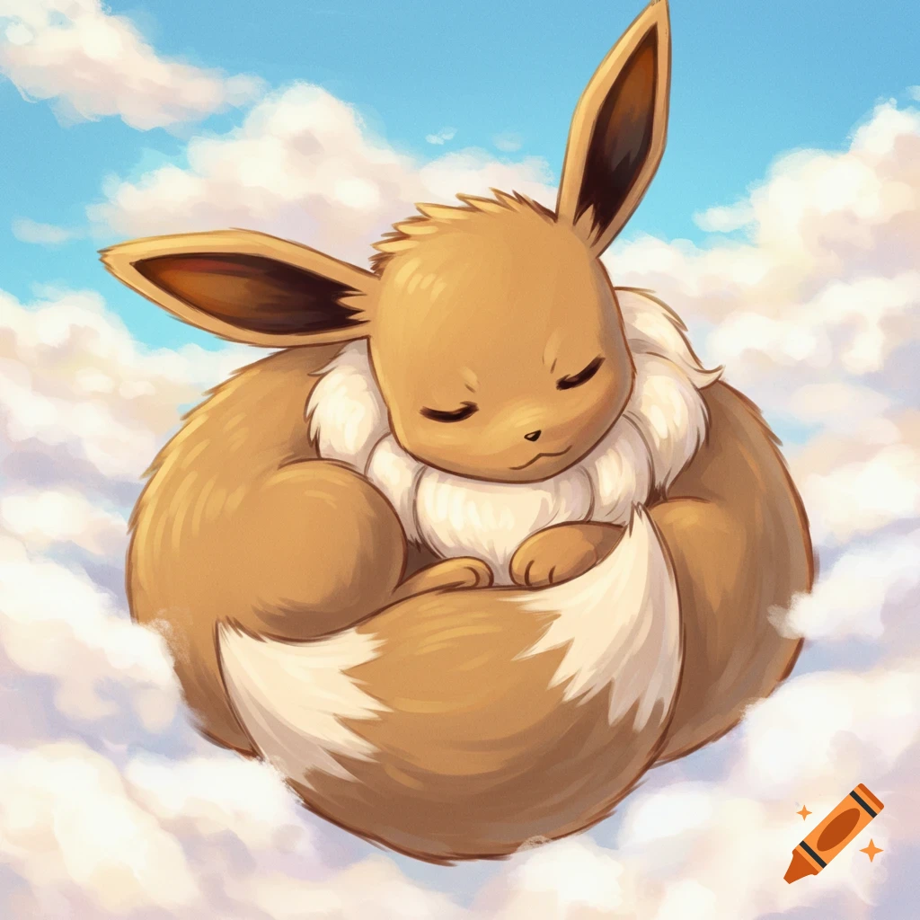 Eevee sleeping curled up on fluffy white clouds.