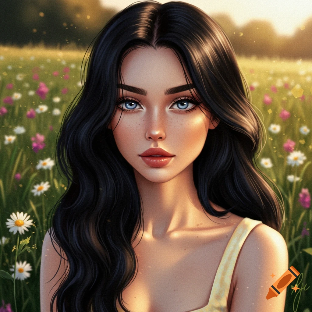 Illustration of a woman with long black hair and blue eyes in a field of flowers.