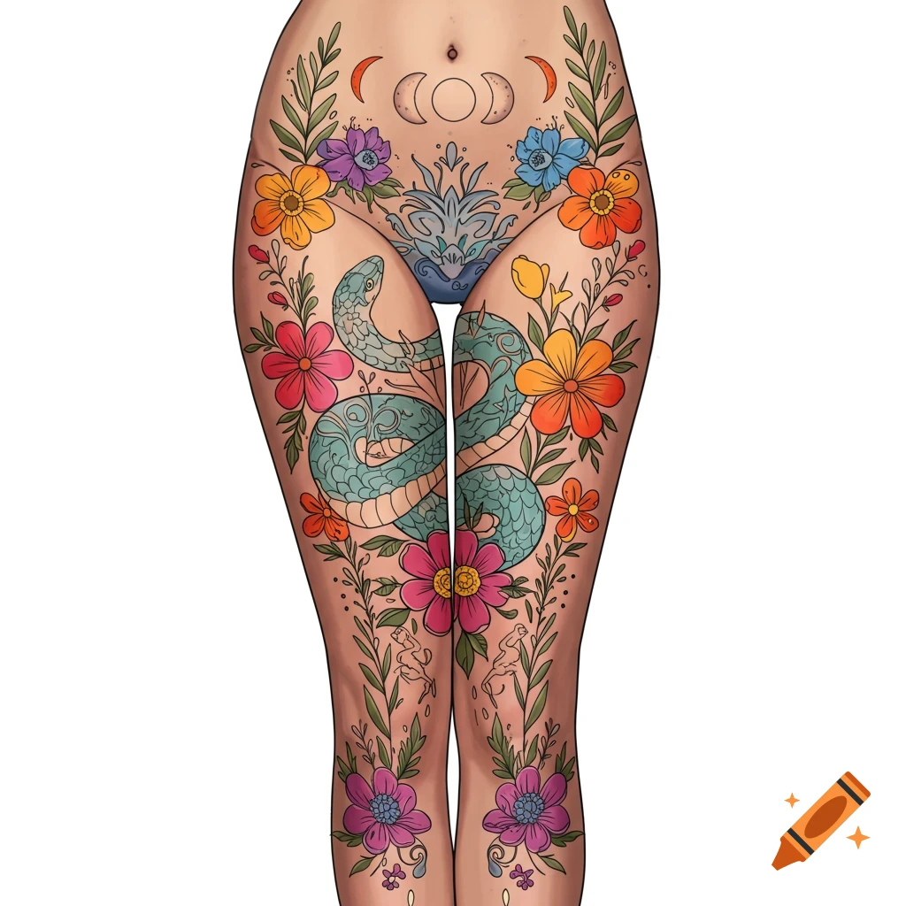 Colorful digital illustration of a leg and torso tattoo featuring a snake, flowers, foliage, and moons.