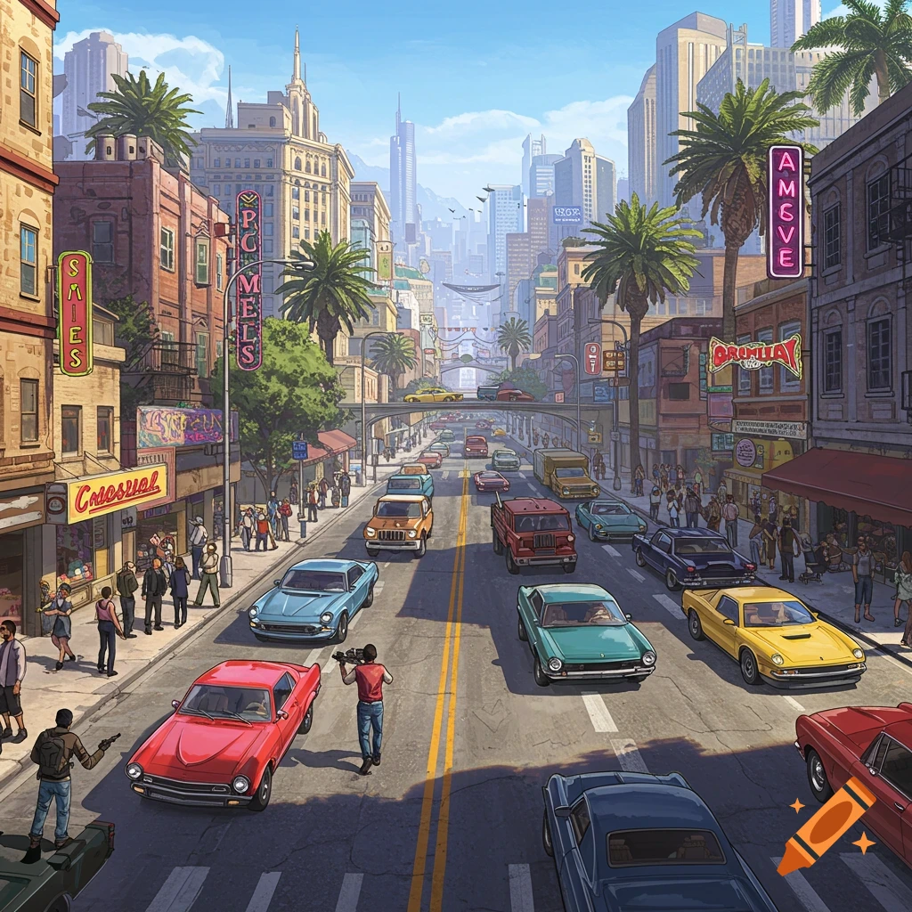 A sunny, busy city street with classic cars, palm trees, pedestrians, and buildings, in a video game art style.