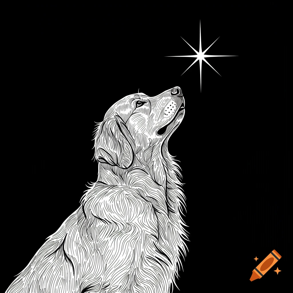 Line drawing of a dog looking up at a star