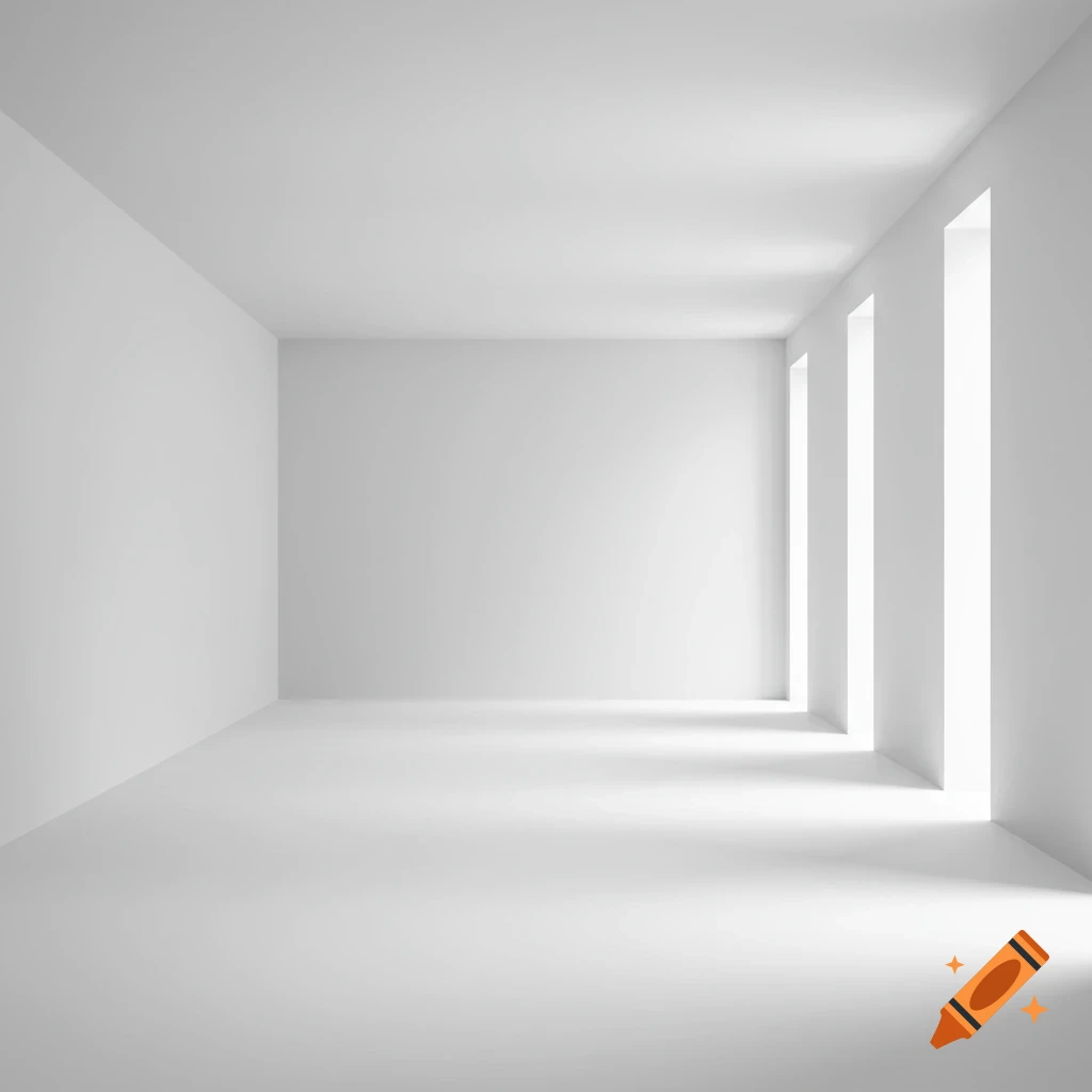 An empty white room with light casting shadows from tall vertical windows, clean digital render.