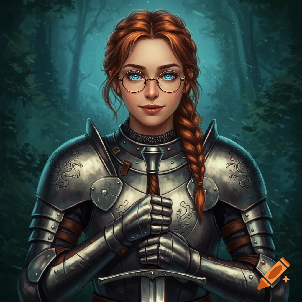 A young woman in knight armor holding a sword.