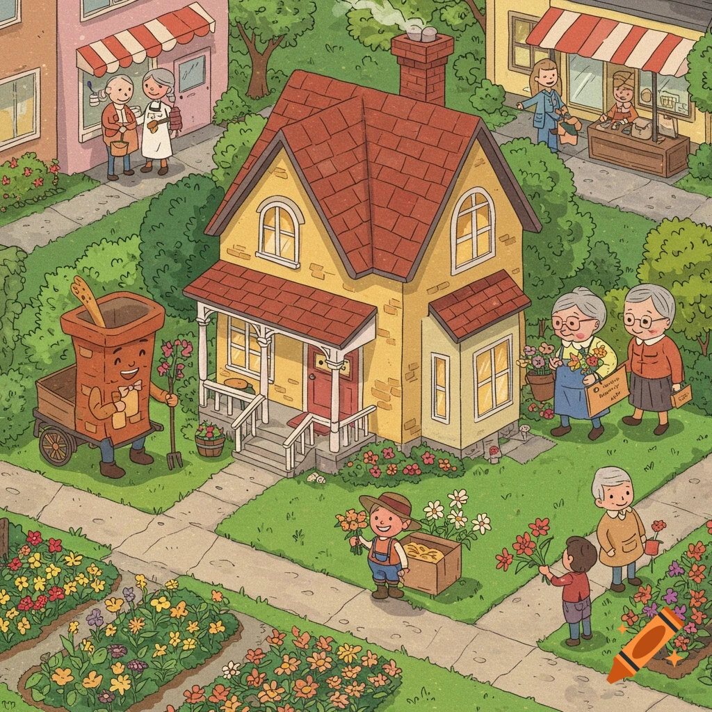 A cartoon illustration of a friendly neighborhood scene with people and a sentient flower pot helping in gardens.