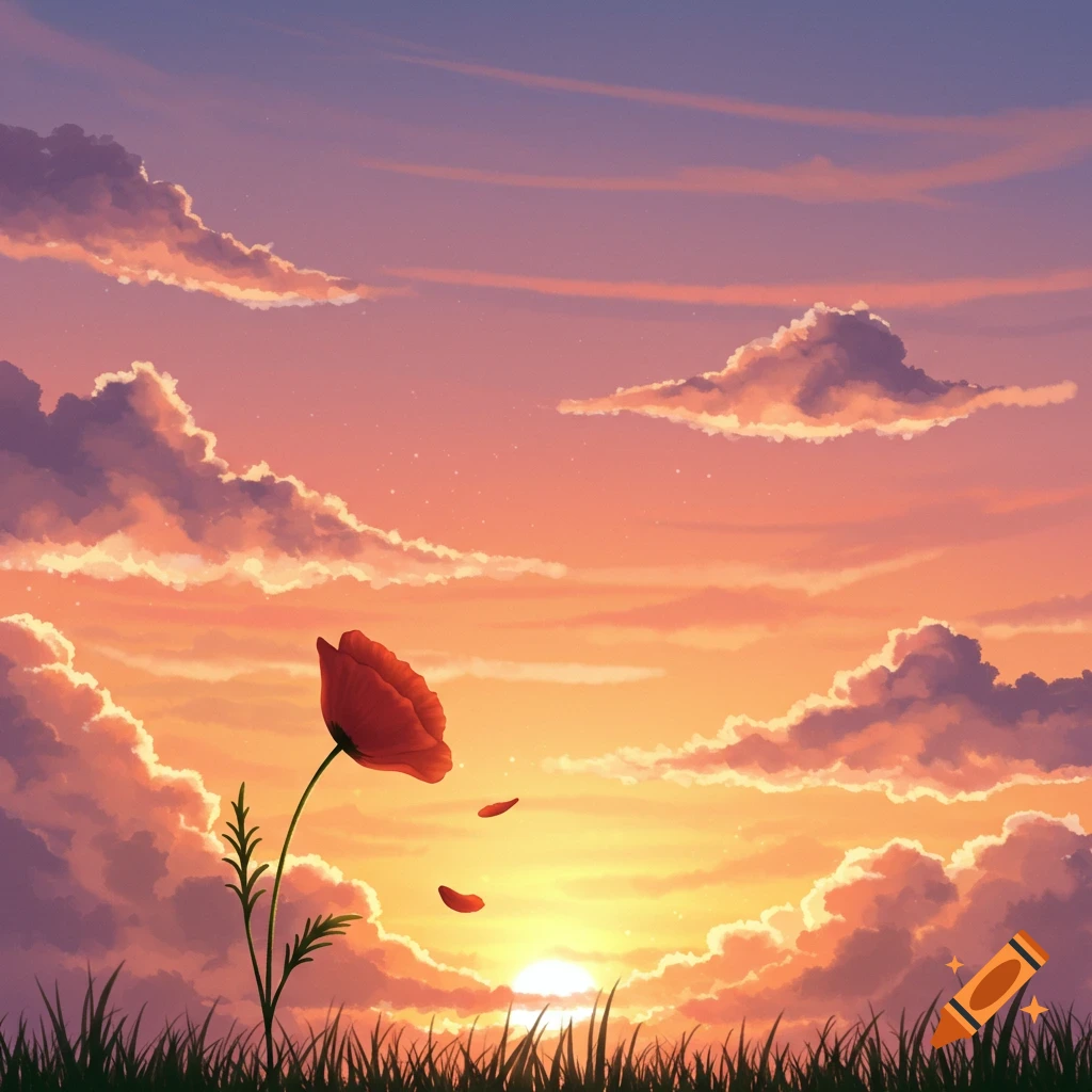 A red poppy stands tall in the grass against a vibrant sunset with clouds.