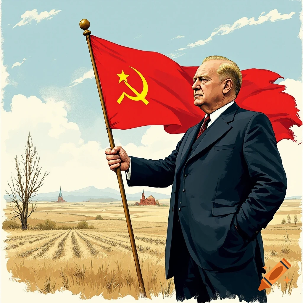 Illustration of a man holding a Soviet flag in a field.