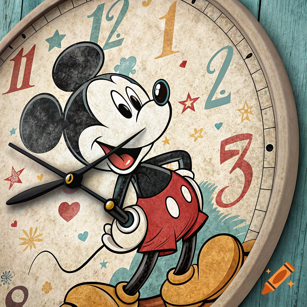 Vintage style clock with a cartoon illustration of Mickey Mouse