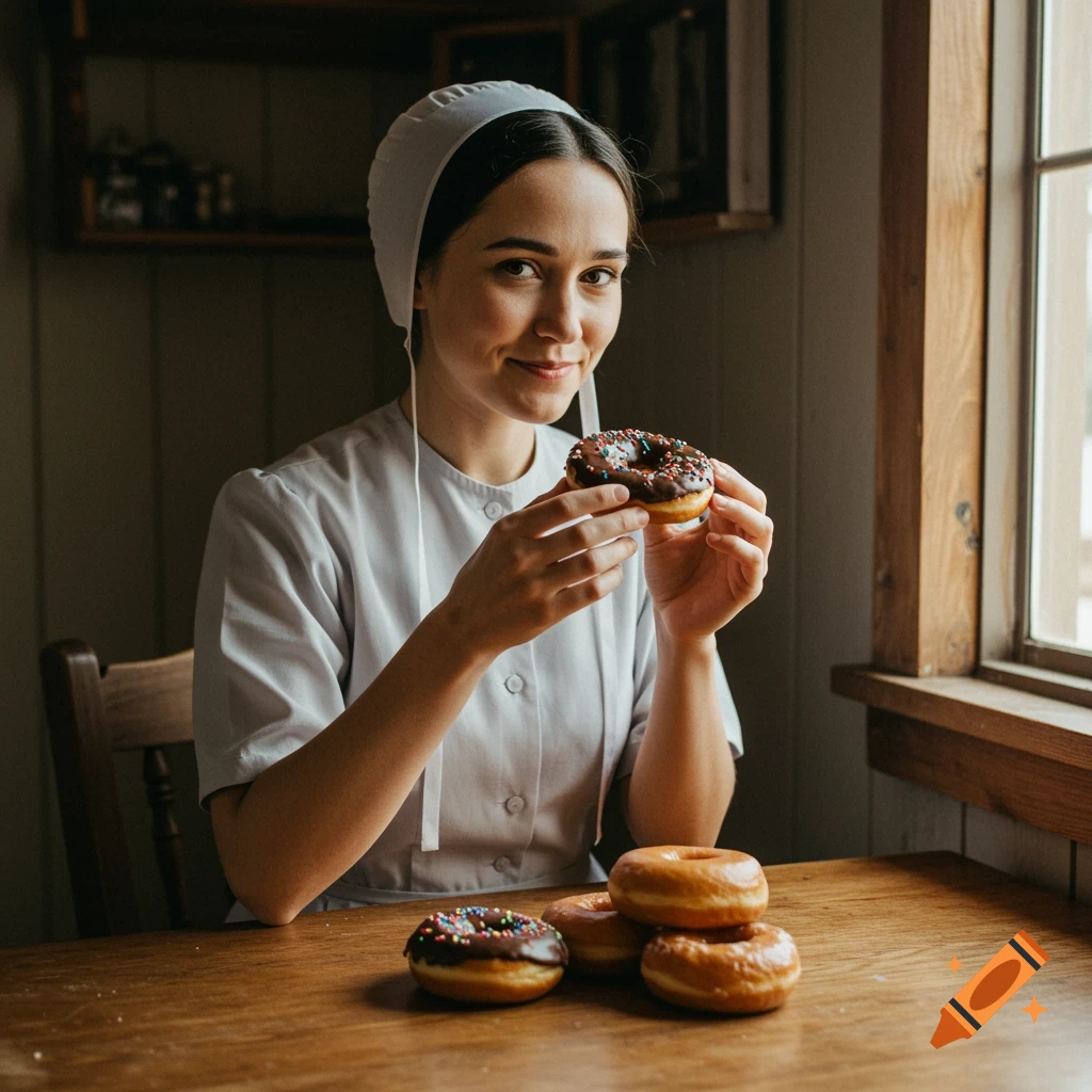 A smiling Amish woman in a white cap and dress holds a chocolate donut, seated at a wooden table with other donuts nearby. Natural light streams from a window.