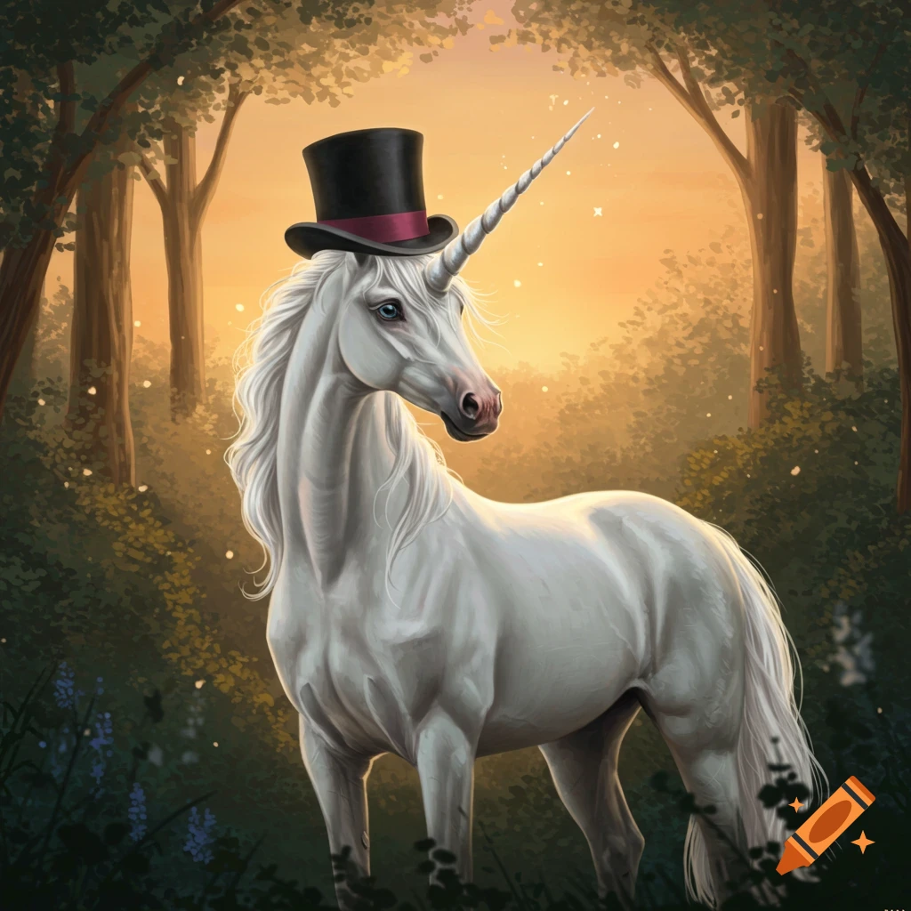A white unicorn with a top hat stands in a sunlit magical forest.