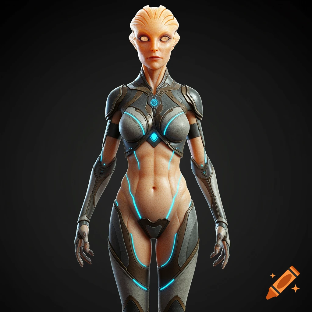 A 3D render of an alien female with translucent skin glowing blue under combat armor.