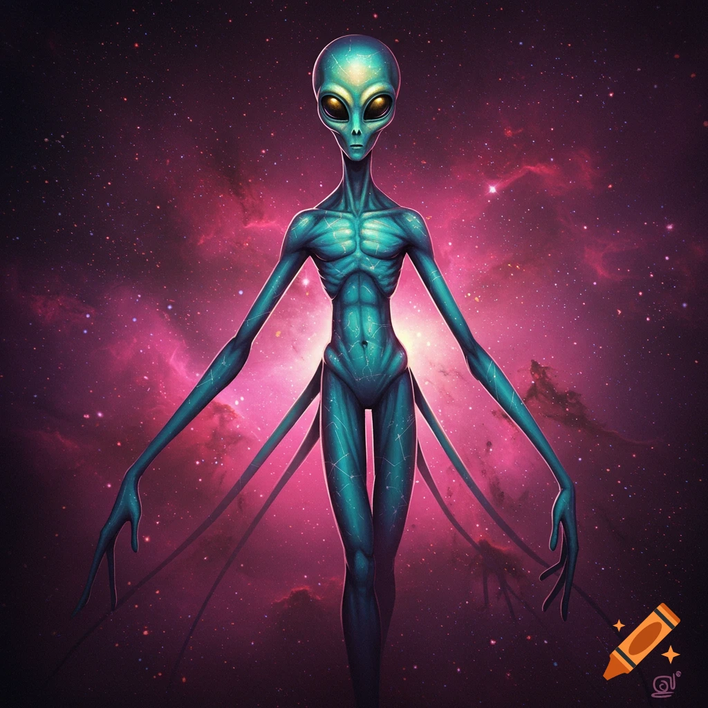 A tall, thin blue-green alien with large yellow eyes stands in front of a pink and purple space nebula.