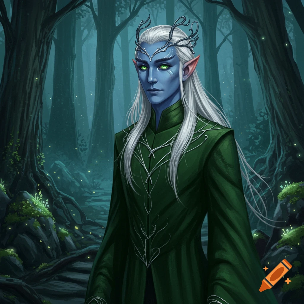 A blue-skinned elf with white hair and antlers in a forest.