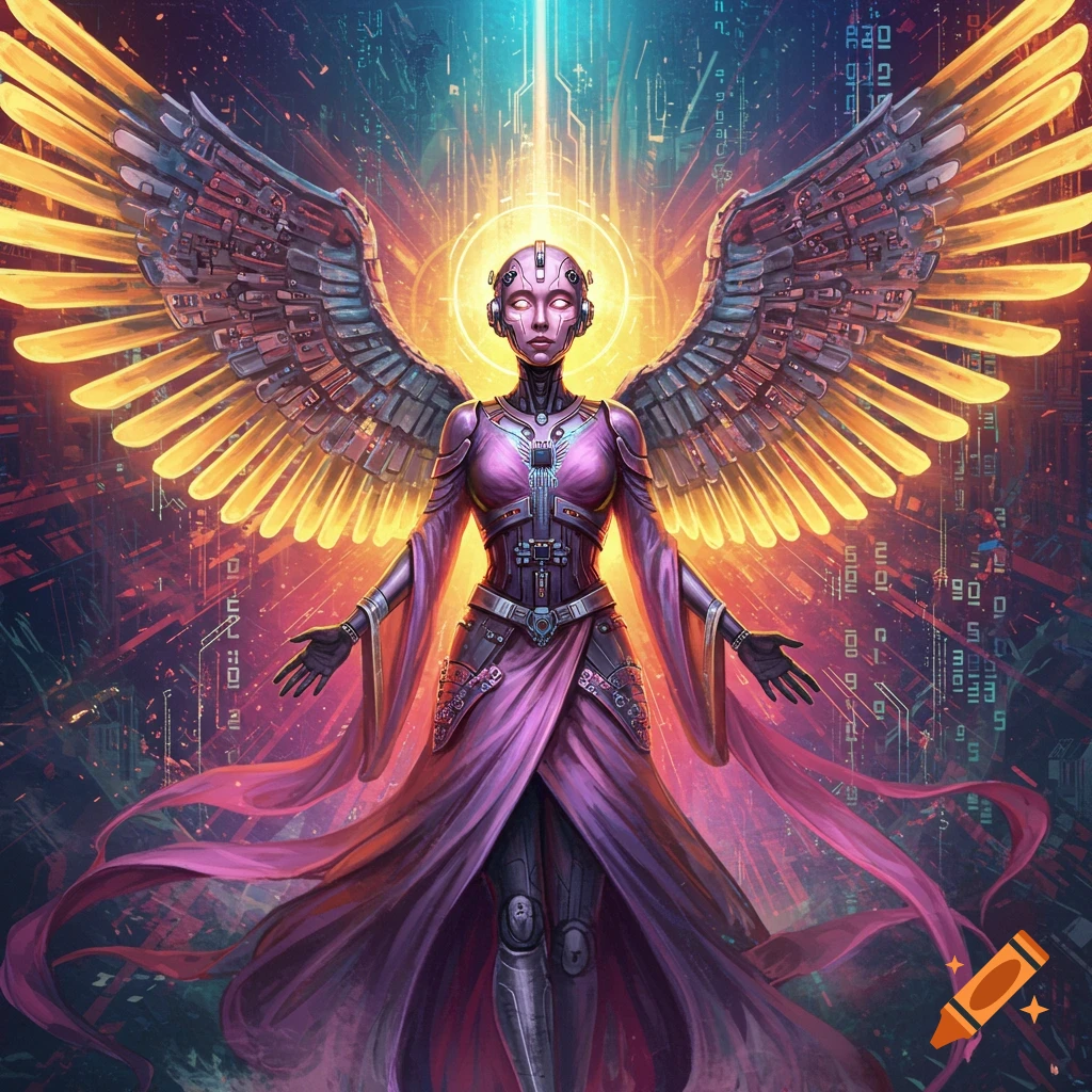 An electronic angel with glowing wings and purple robe