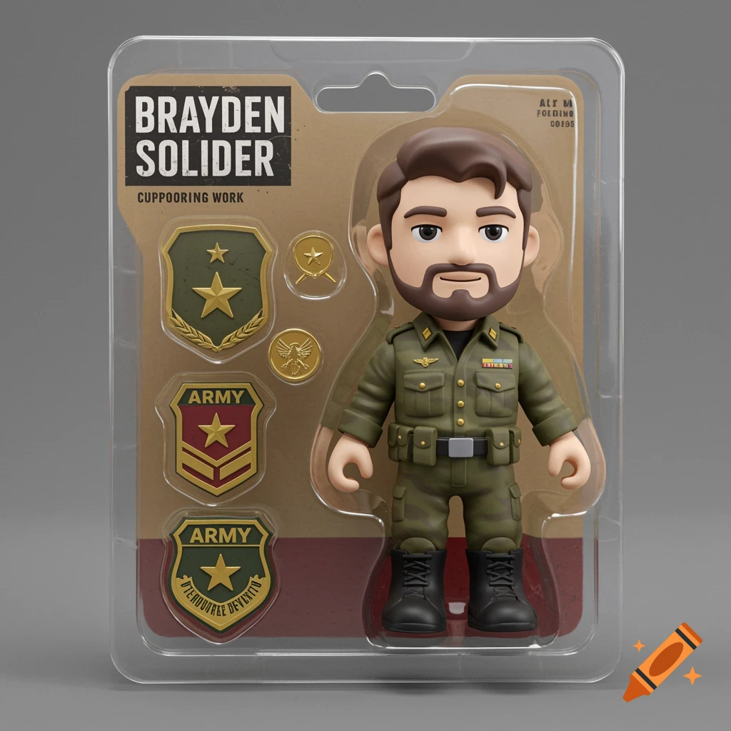 Cartoon-style soldier action figure in blister packaging with army badges.