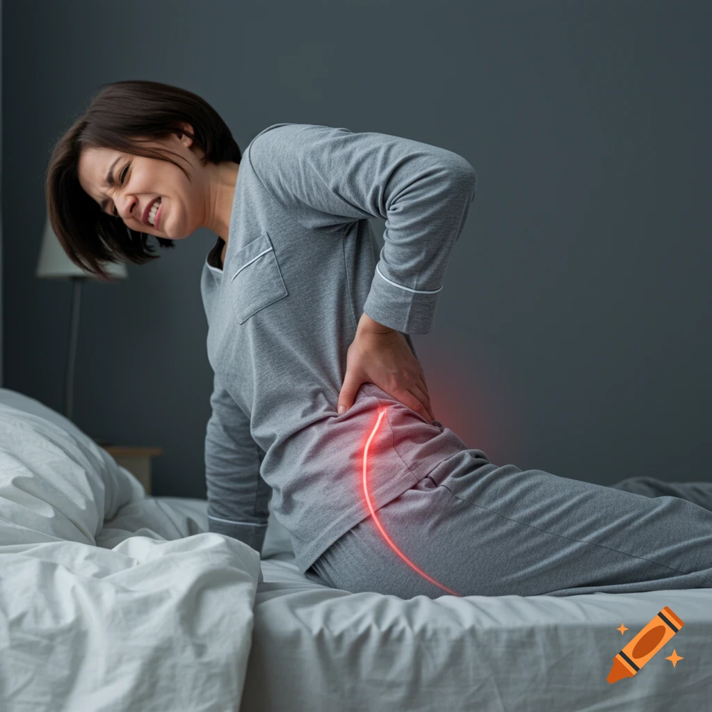 A person in pajamas sits on a bed, grimacing and holding their lower back, with a red line indicating pain.