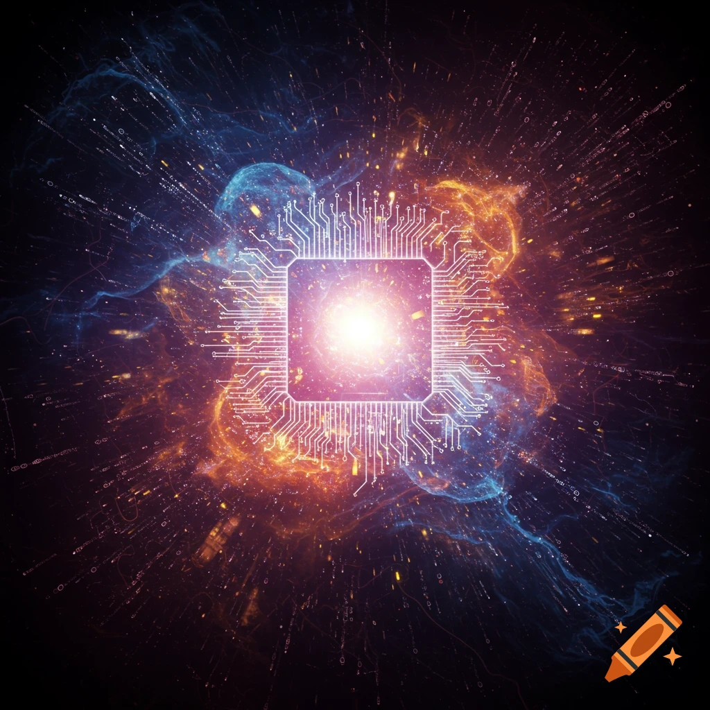 A glowing computer chip is surrounded by blue and orange energy and circuit patterns on a dark background.