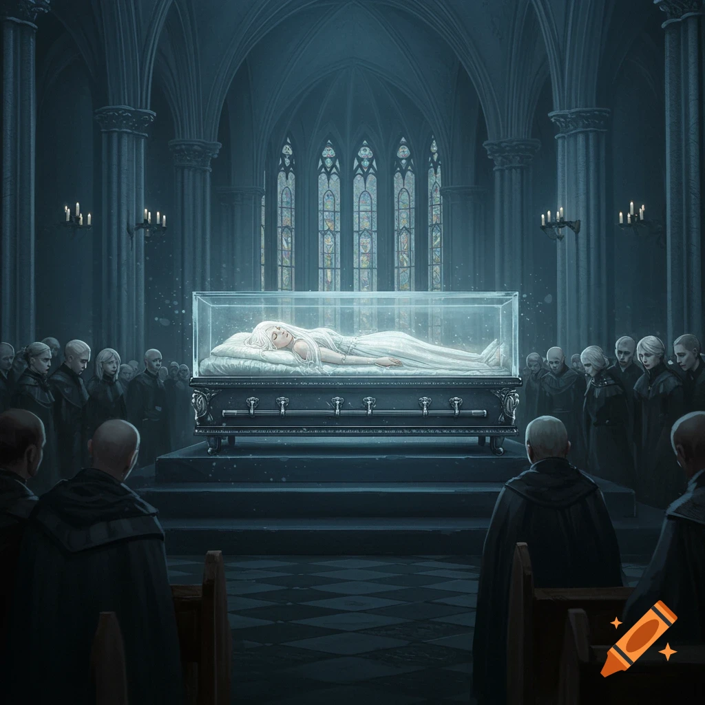 A funeral is taking place in a gothic church. A white-haired princess is in a glass coffin, surrounded by mourners.