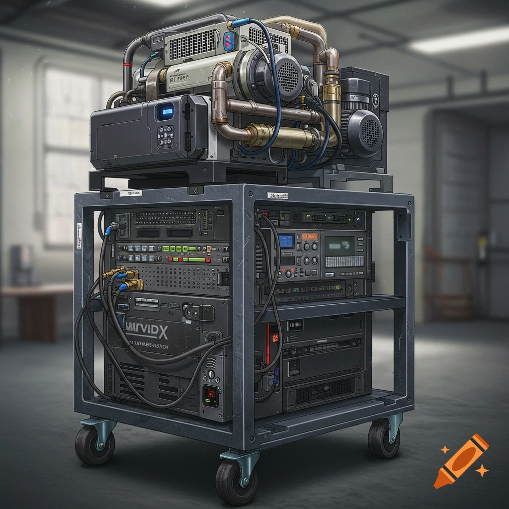 A complex projector cart stacked with technical hardware and pipes.