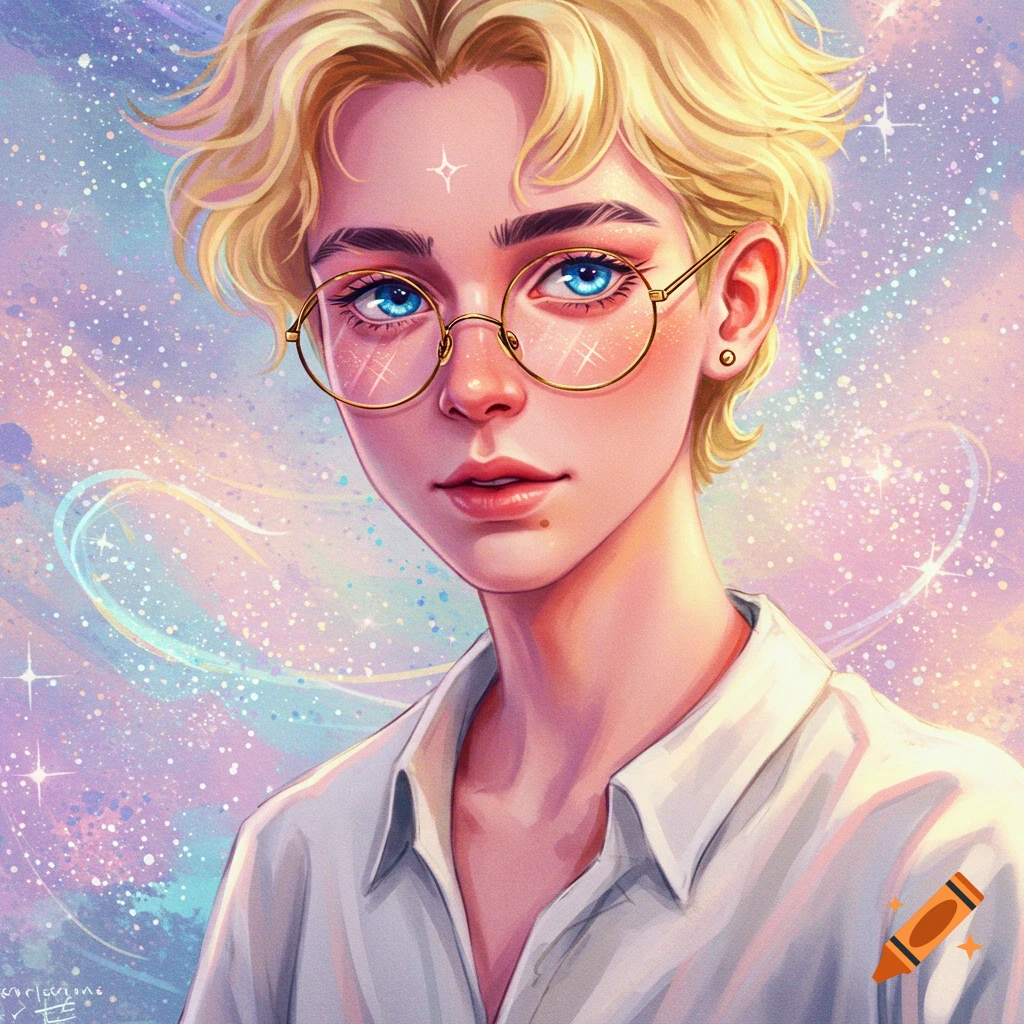 Stylized digital art portrait of a person with blond hair and glasses against a starry, colorful background.