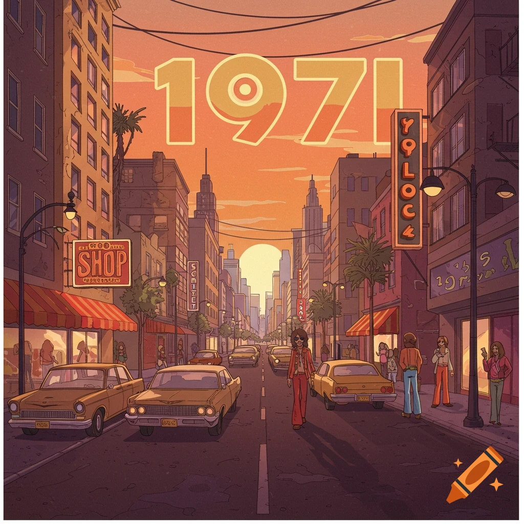 Stylized illustration of a 1970s city street at sunset with cars and people.