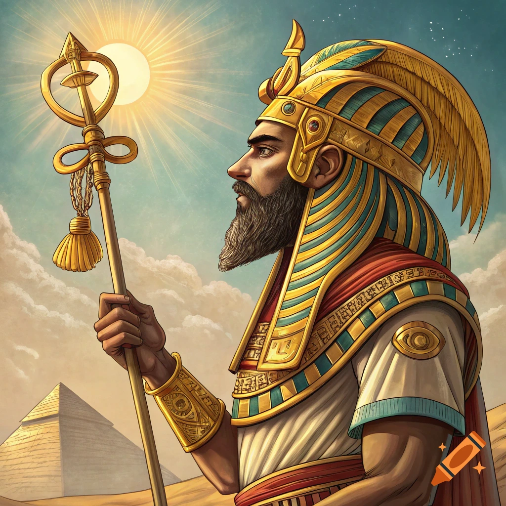 Illustration of an ancient Egyptian pharaoh or god in elaborate headdress and clothing, holding a staff, with a pyramid and desert landscape.