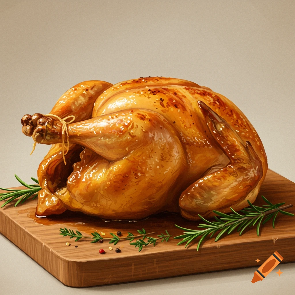 A golden roasted chicken on a wooden cutting board with rosemary and spices.