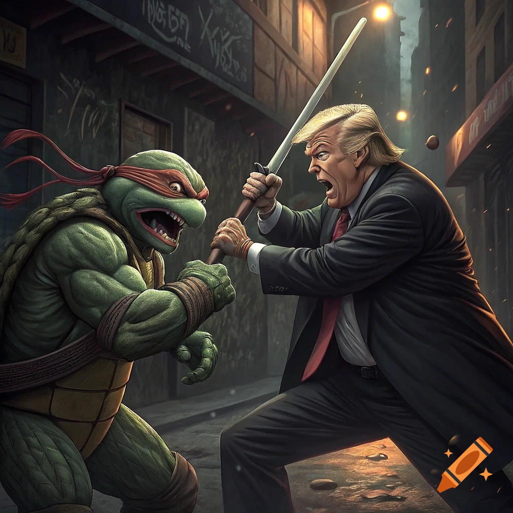 A Teenage Mutant Ninja Turtle fights Donald Trump with swords in a gritty street scene.