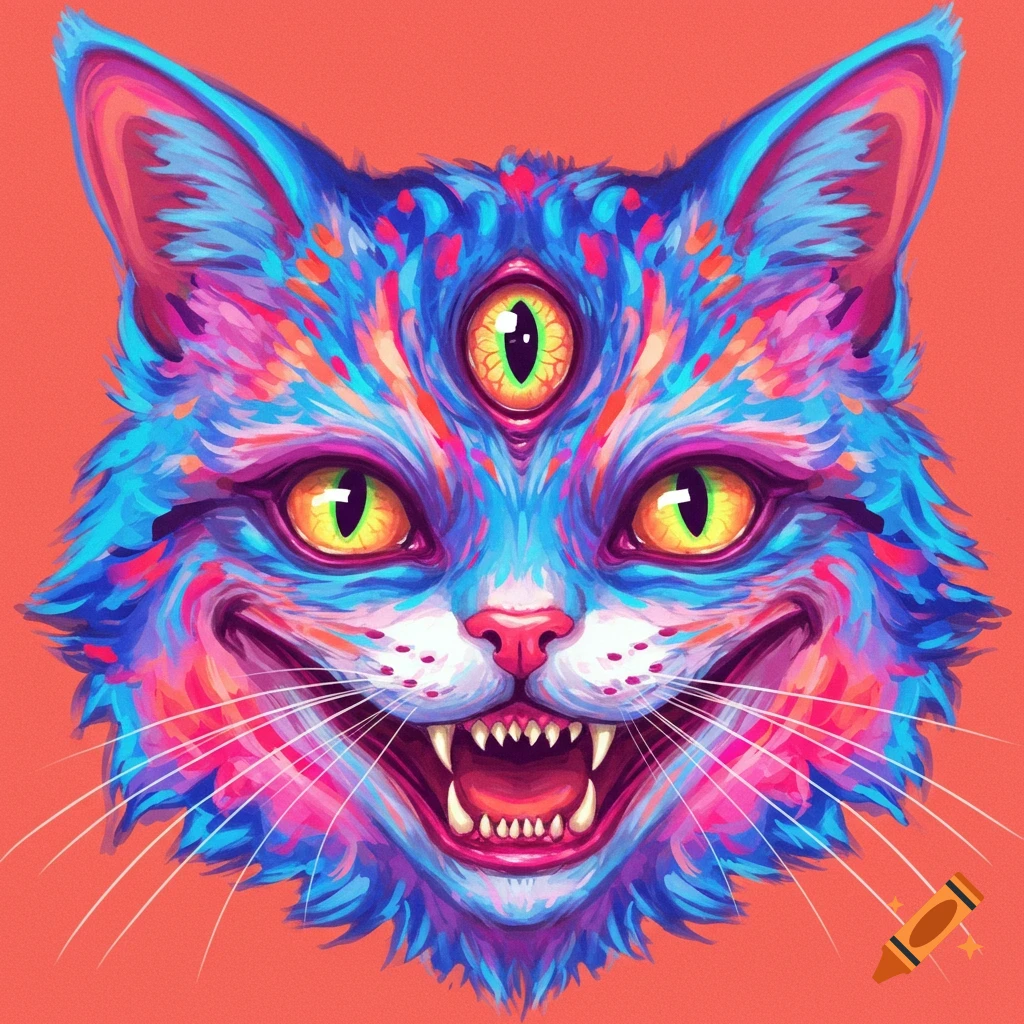 Psychedelic image of a three-eyed cat face with bold colors and a wide smile.