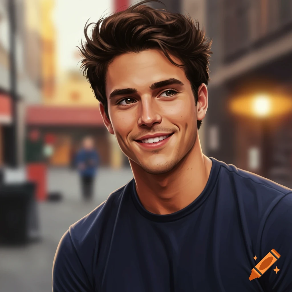 A young man smiles broadly in a blurry street setting.