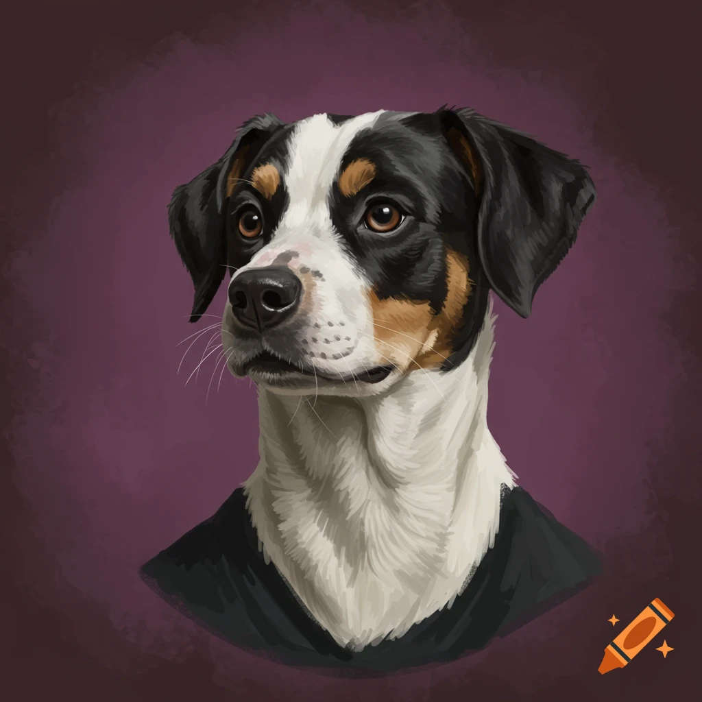 A portrait of a tricolored dog.