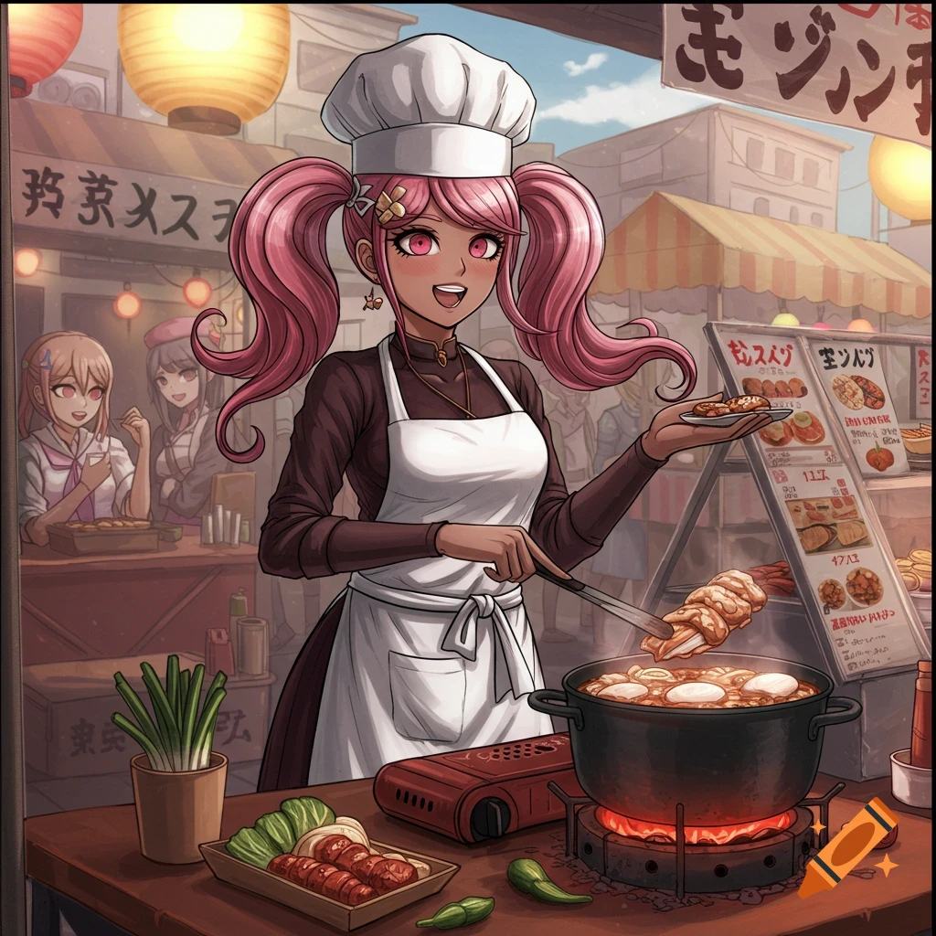 Anime girl with pink pigtails in a chef outfit cooks food at a market stall.