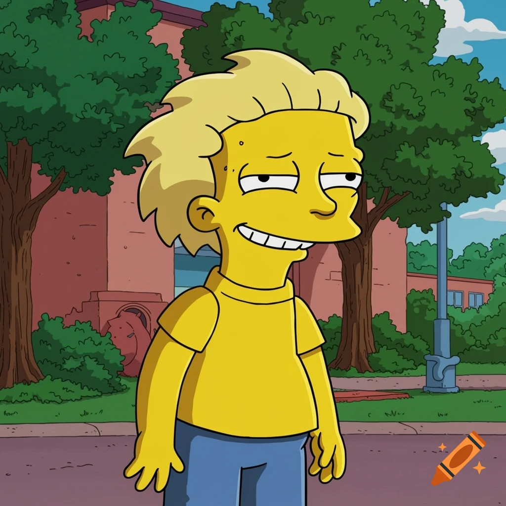 Cartoon character in The Simpsons style resembling Nelson Muntz standing outside a school.