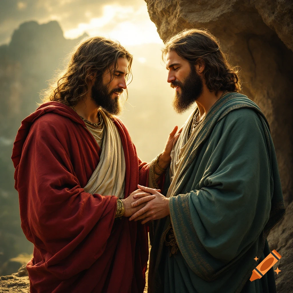 Two figures resembling Jesus holding hands in a mountain landscape at sunset.