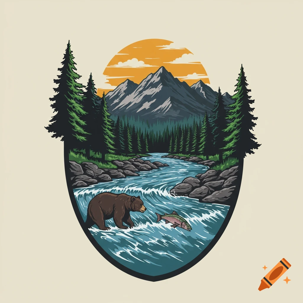 Stylized illustration of a bear in a river catching a fish, with mountains and trees.