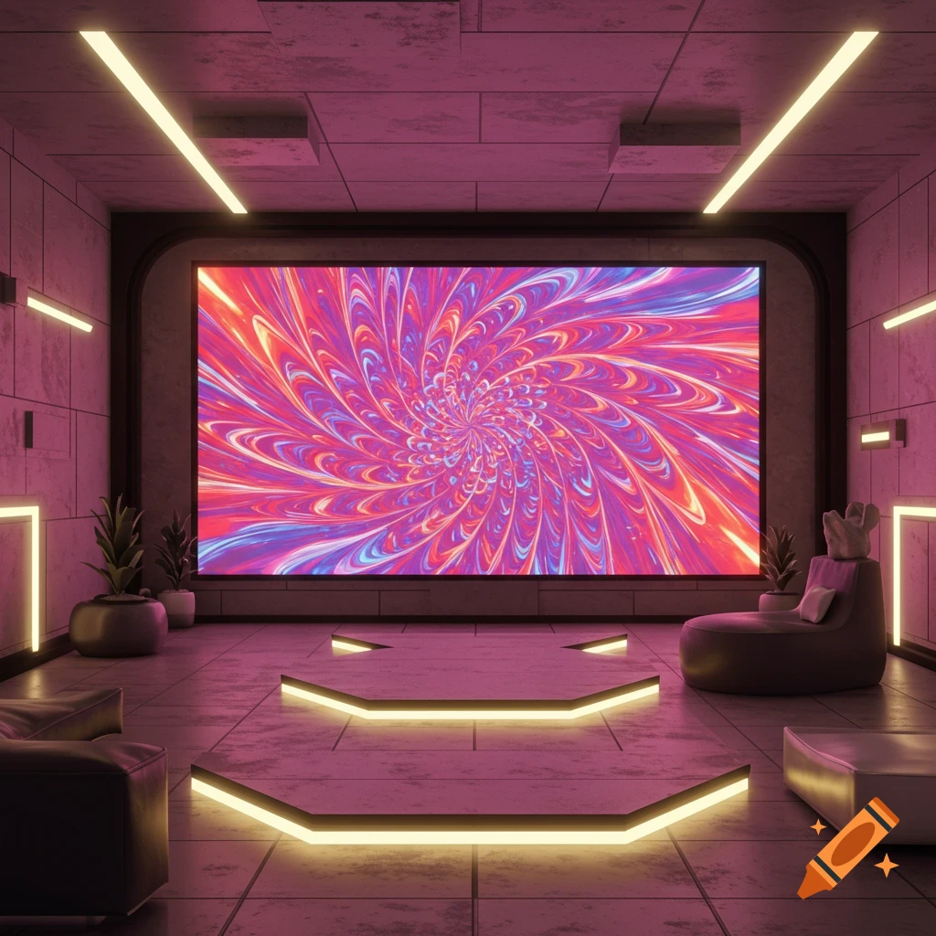 A modern room with a large screen displaying a vibrant abstract swirl.