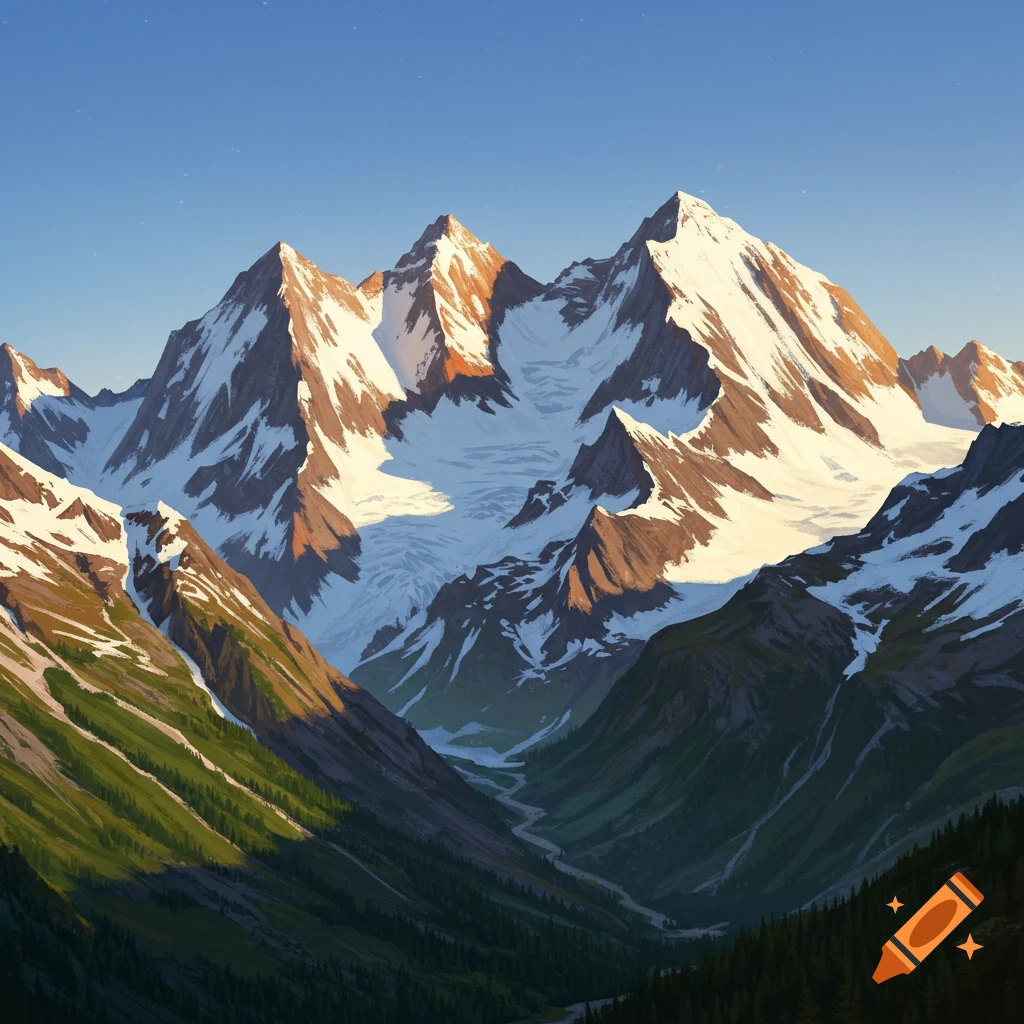 Snow-capped mountains towering over a green valley