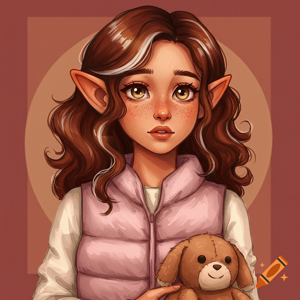 A fantasy character with pointed ears is holding a stuffed animal.