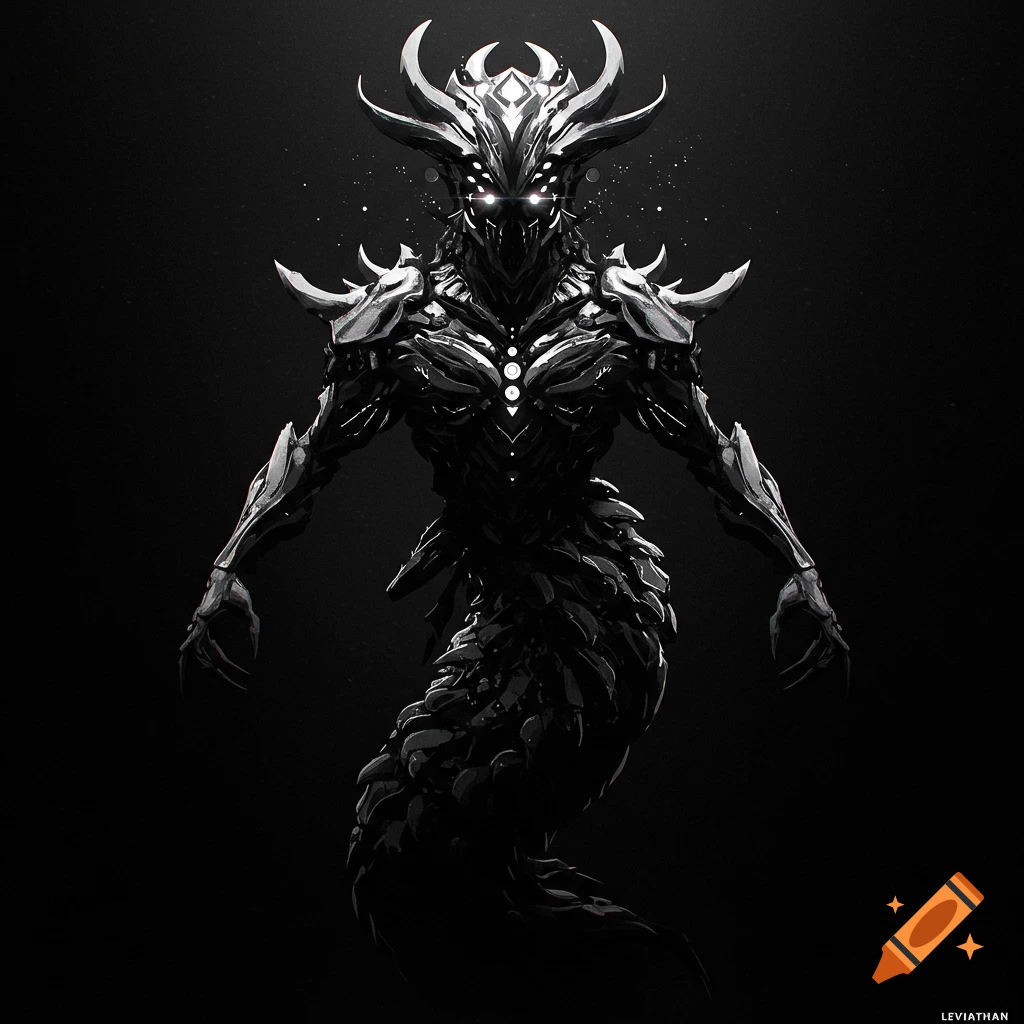 Dark, armored fantasy creature with horns and glowing eyes