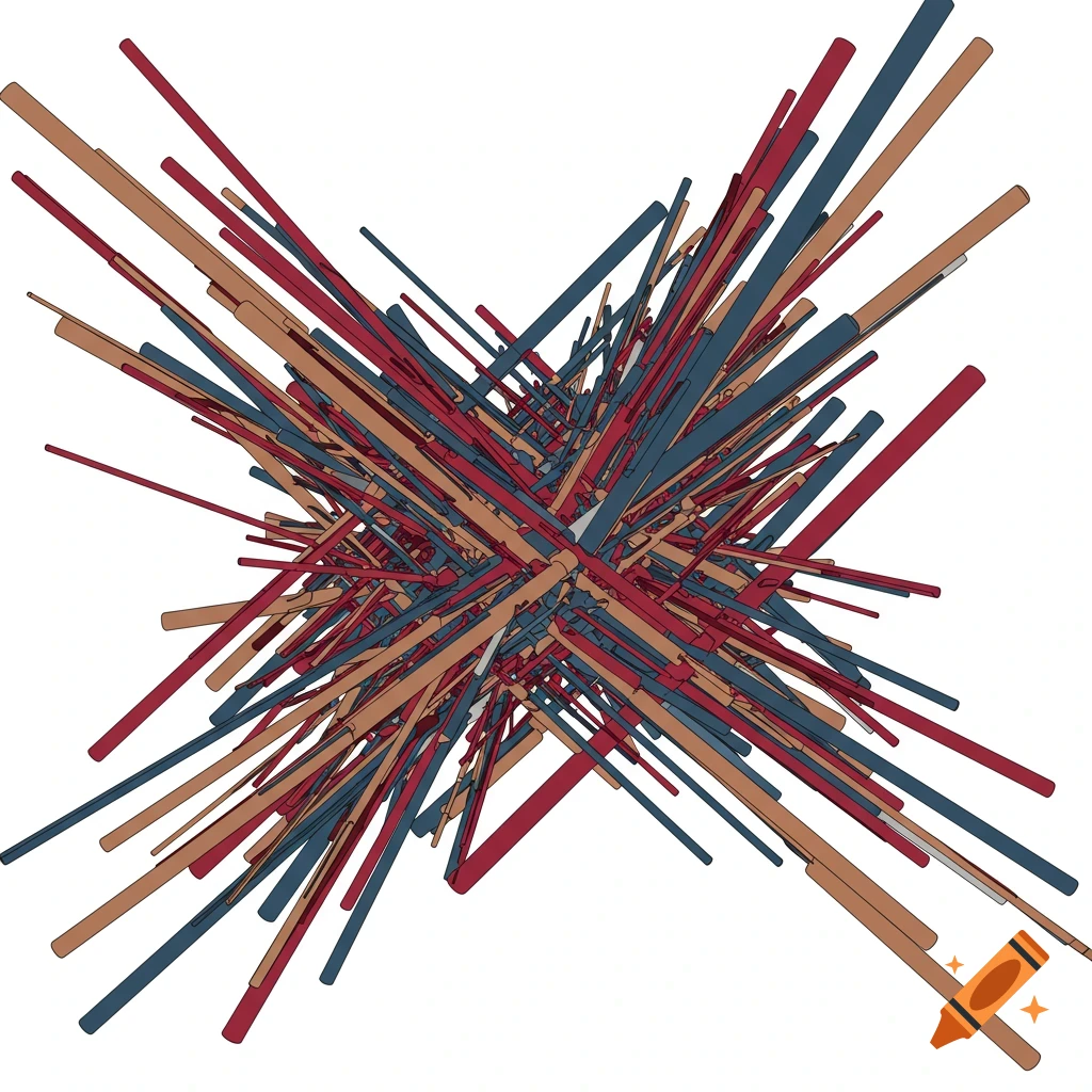 An abstract image of radiating lines in red, blue, and tan.