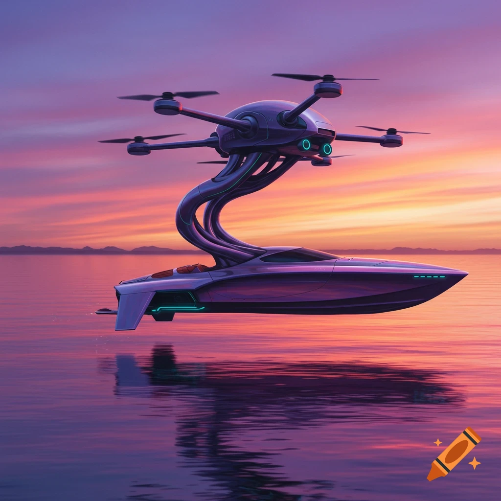 A futuristic drone-boat hybrid vehicle hovers over water during a colorful sunset.