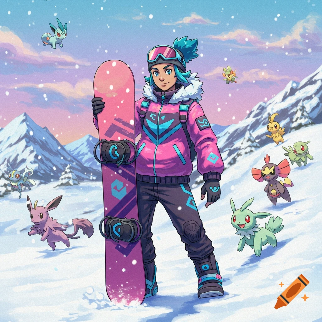 Anime style drawing of a person with a snowboard in a snowy mountain landscape surrounded by Pokemon.