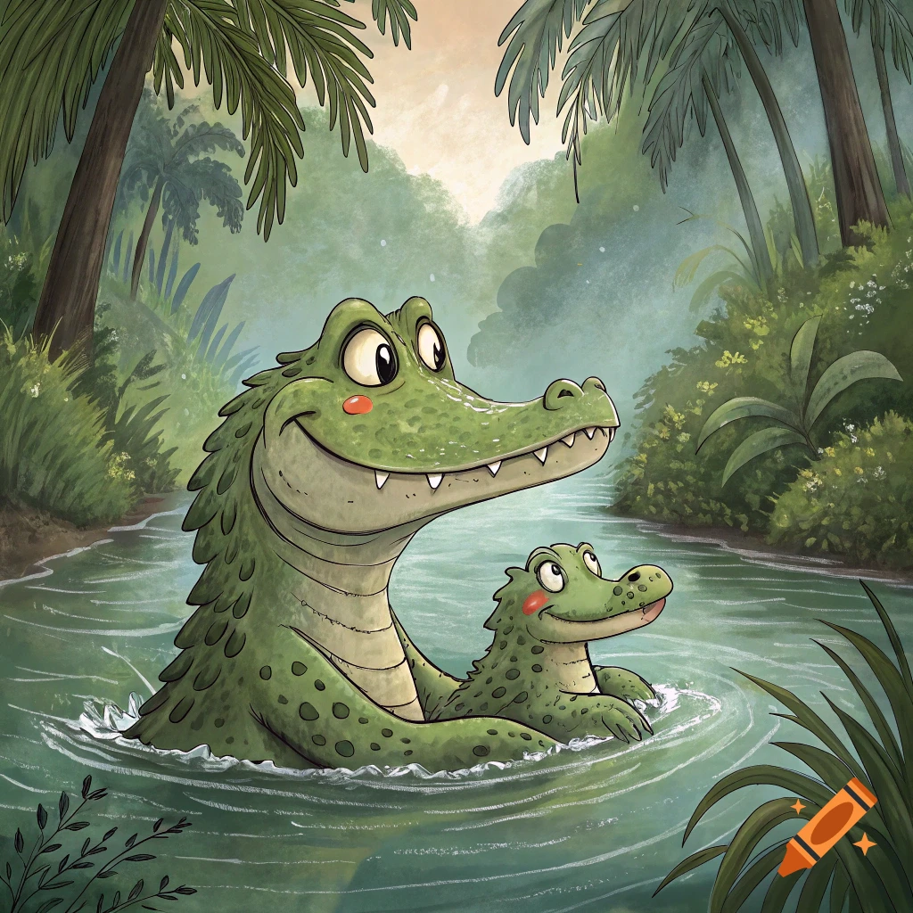 A cartoon illustration of a large crocodile and a small crocodile swimming together in a jungle river.